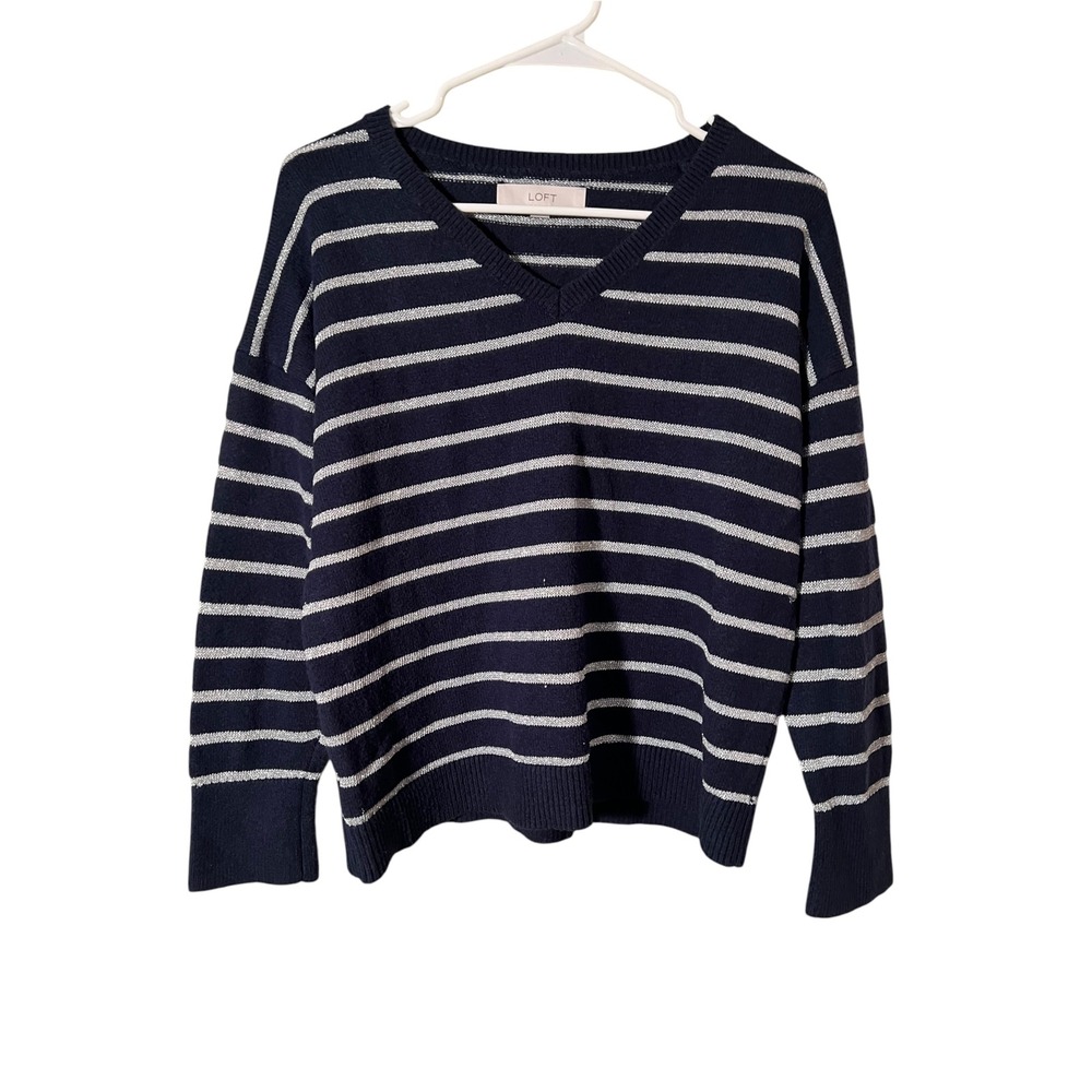 Loft Women's Sz XS V-Neck Sweater Navy Blue Silver Sparkle Stripe Stretch Cotton